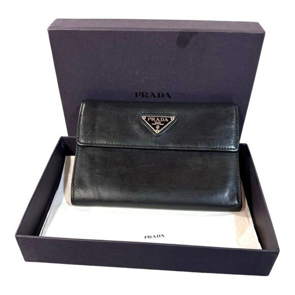 Prada Black Leather Tri-Fold Wallet With Box & Card Holder Gift Made In Italy - Picture 1 of 8